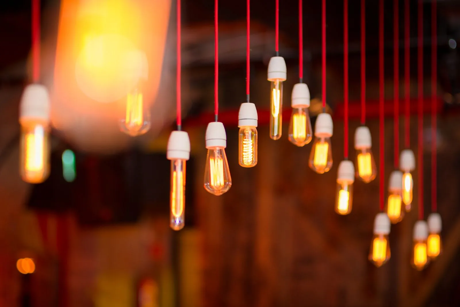 A series of vintage Edison bulbs create a warm and inviting ambiance with glowing filaments.